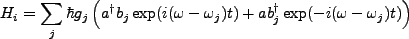 $\displaystyle H_i = \sum_j \hbar g_j \left(a^{\dagger}b_j \exp(i(\omega-\omega_j)t) + ab_j^{\dagger}\exp(-i(\omega-\omega_j)t)\right)$