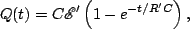 \begin{displaymath}Q(t)=C\mathscr{E}'\left(1-e^{-t/R'C}\right),\end{displaymath}