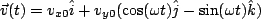 \begin{displaymath}\vec{v}(t) = v_{x0}\hat i + v_{y0}(\cos(\omega t) \hat j -\sin(\omega t)\hat k)\end{displaymath}