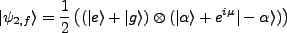 $\displaystyle \vert\psi_{2,f}\rangle = \frac{1}{2}\left((\vert e\rangle + \vert g\rangle)\otimes(\vert\alpha \rangle + e^{i\mu}\vert-\alpha\rangle)\right)
$