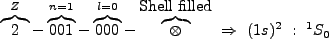 $\displaystyle \overbrace{2}^Z-\overbrace{001}^{n=1}-\overbrace{000}^{l=0}-\overbrace{\otimes}^{\mbox{Shell filled}} \ \Rightarrow \ (1s)^2 \ : \ ^1S_{0} $